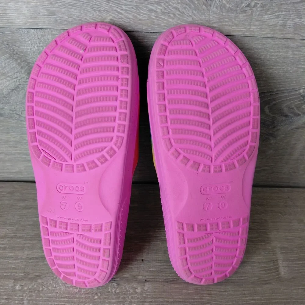 Crocs Classic Slides Sandals Pink Tie Dye W9 M7 Rainbow Beach Resort Vacation